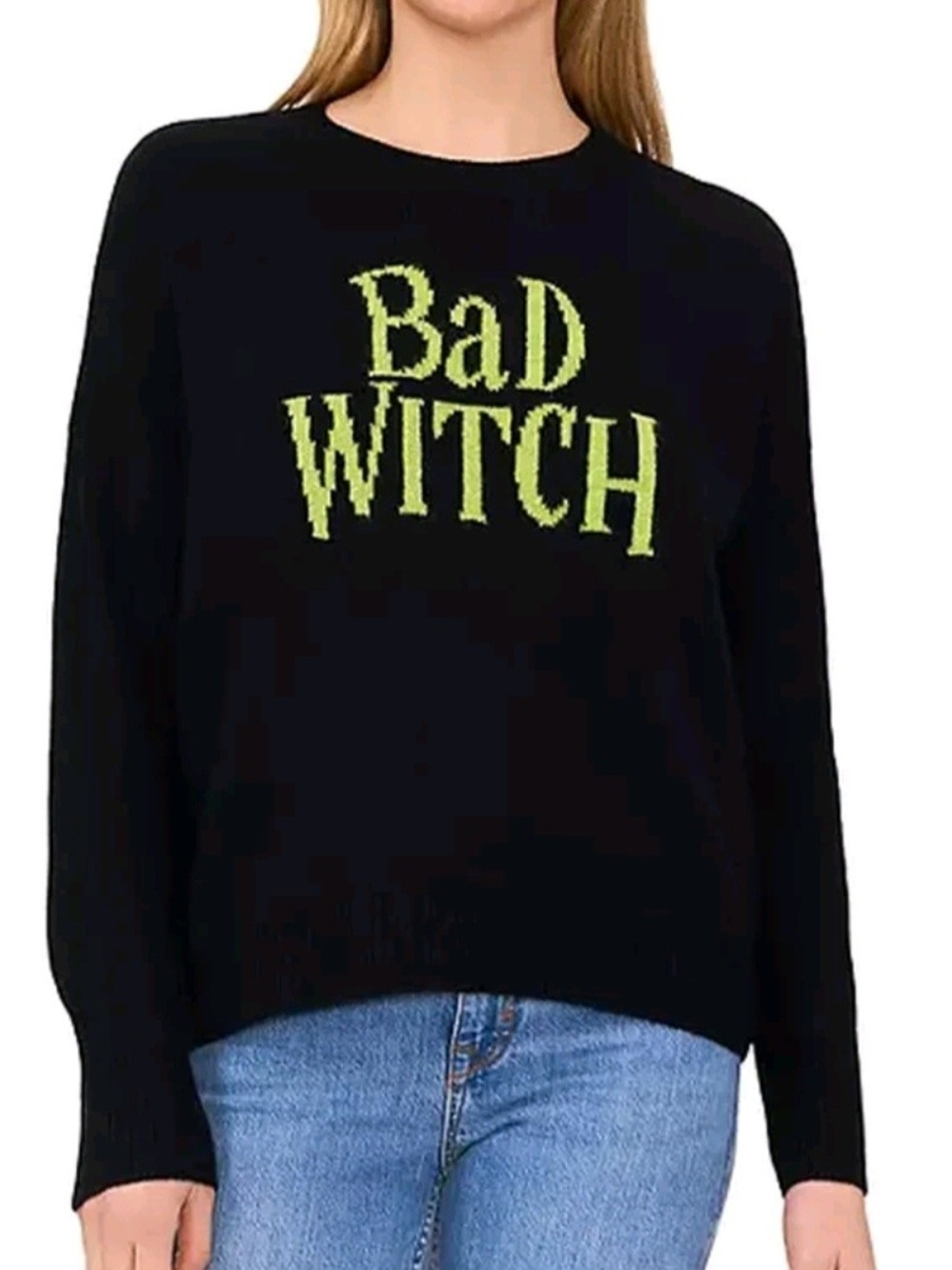 Vince Camuto Size XS Black Hallowwen Crewneck Sweater "Bad Witch" Graphic